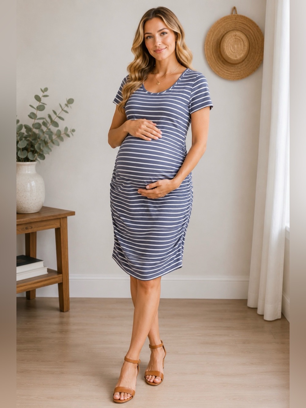 Isabel Maternity Blue & White Striped Ruched Dress Size Large
